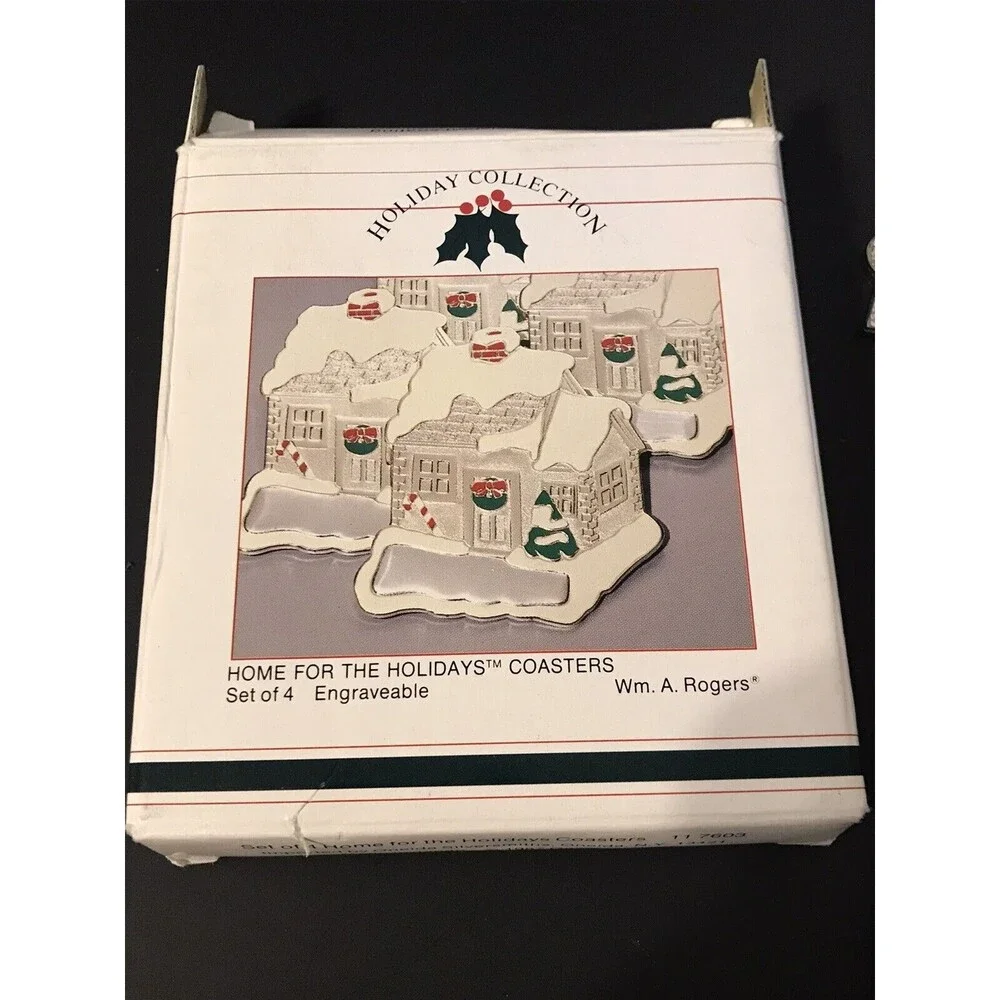 Vintage Wm. A Rogers Home for the Holidays Engraveable Drink Coaster Set of 4